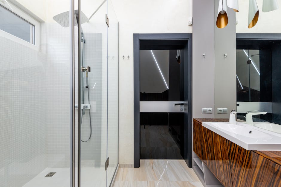 Glass shower enclosure and modern bathtub setup